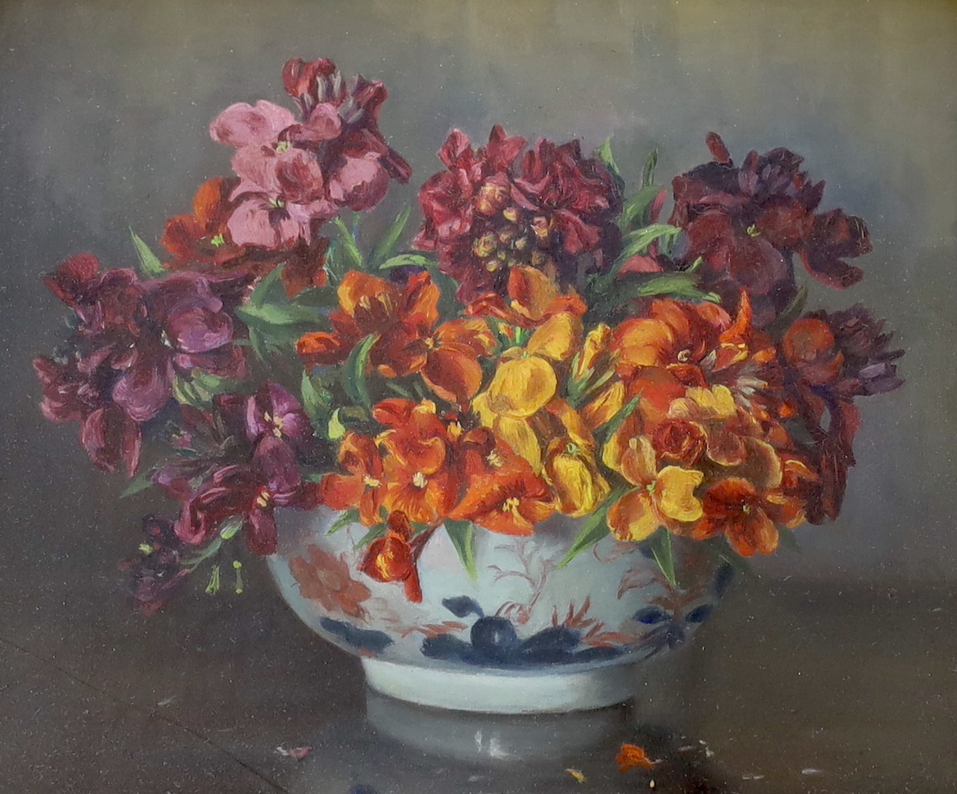 Mabel M. Douglas (20th century), oil, Still life of flowers in a bowl, together with two Jean Hardy French pencil signed colour etchings, largest 47 x 37cm